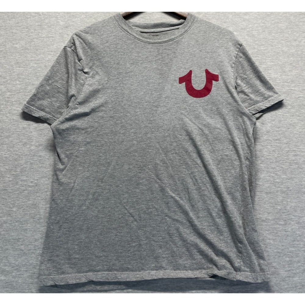 True Religion Crew Neck T Shirt Mens Large Heather Gray Graphic Horseshoe Logo